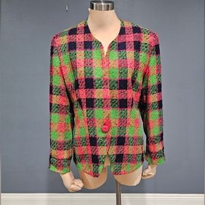 Vintage 80s MR JAX Hot Pink Green Black Check Plaid Wool Blend Tweed Jacket M